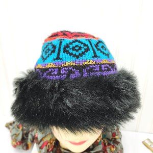 Vintage Hanes Her Way Faux Fur Band Trimmed Knitted Hat/ Beanie